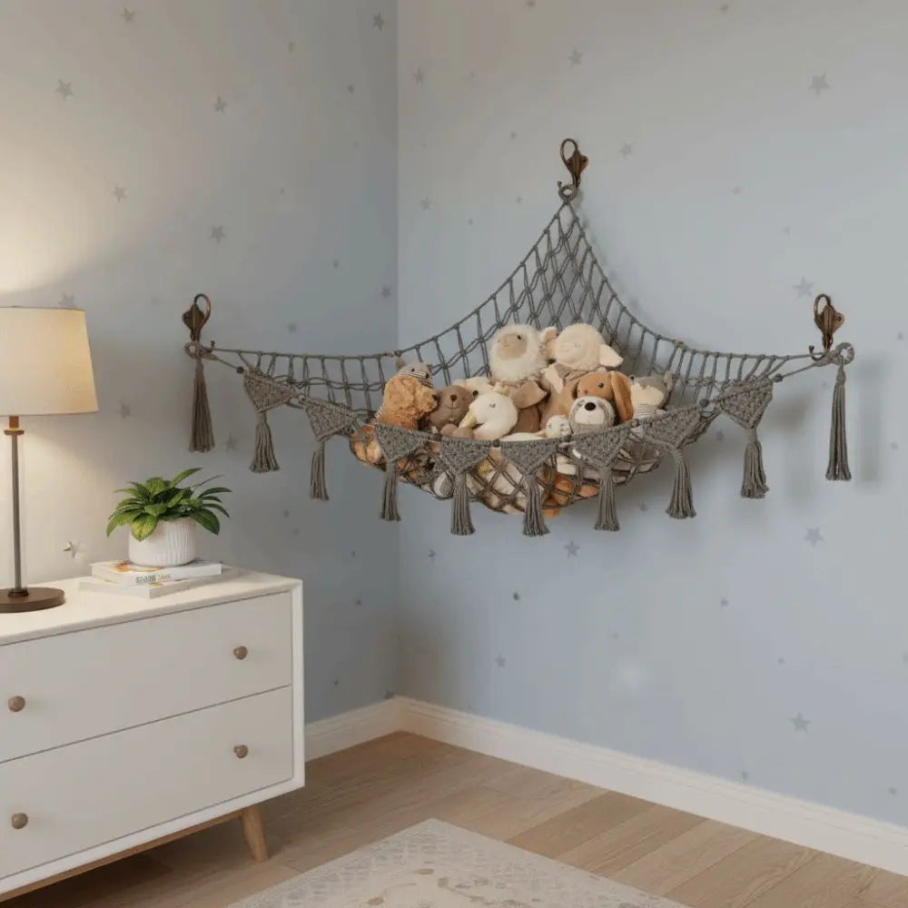 Stuffed Animal Storage Hammock in gray styled in a nursery corner